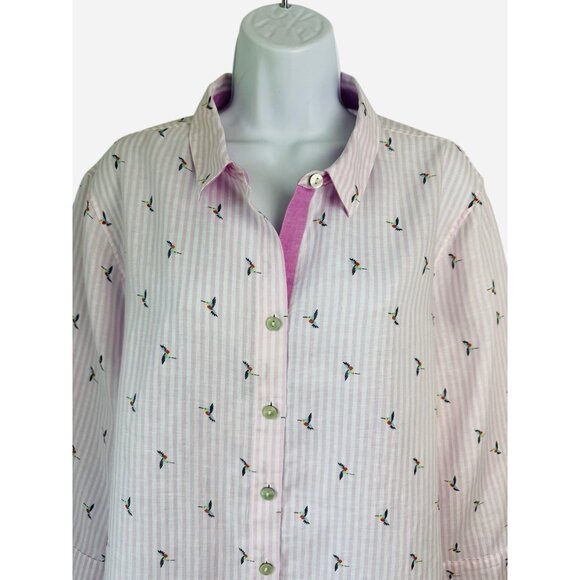Chicos 3 Top No Iron Linen Shirt Pink Striped Hummingbird Button Up XL - Picture 3 of 7